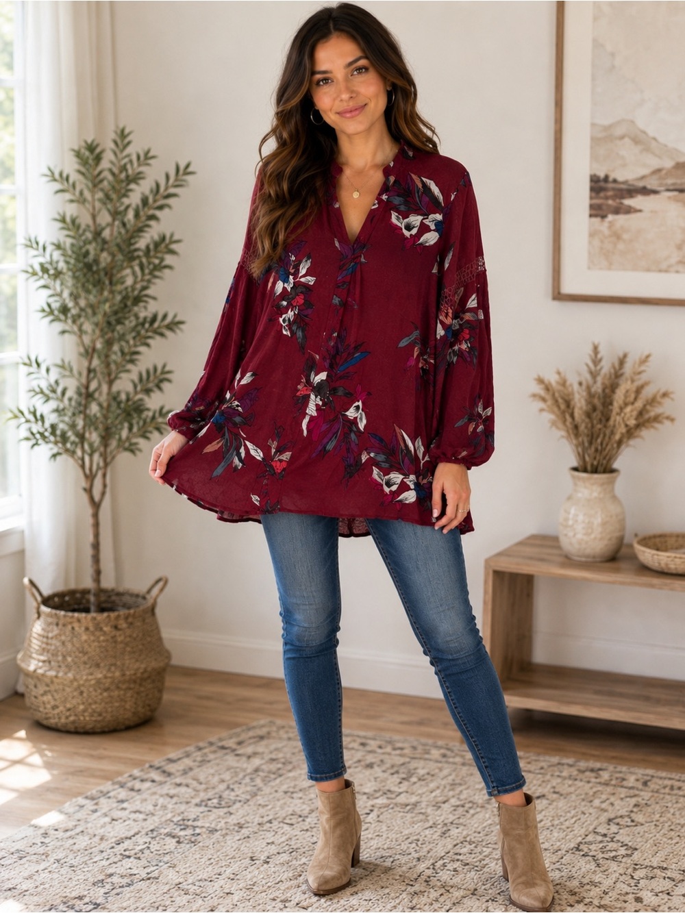 Free People Burgundy Floral Boho Tunic Blouse Lace Sleeve Size Small